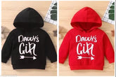 Red & black combo infant hoodie sweatshirt with daddy's girl print, fleece inside, long sleeves, wool fabric. Casual and stylish for boys and girls. Premium quality and easy care. Multiple sizes available. Made in India