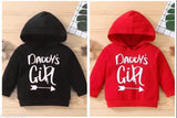 Red & black combo infant hoodie sweatshirt with daddy's girl print, fleece inside, long sleeves, wool fabric. Casual and stylish for boys and girls. Premium quality and easy care. Multiple sizes available. Made in India