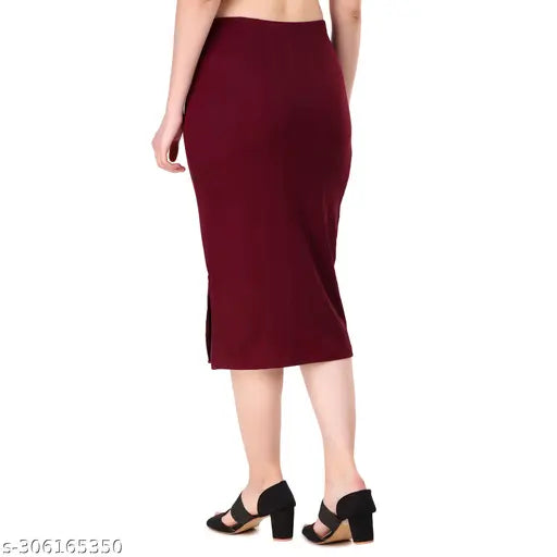 Maroon cotton ribbed pencil skirt with elastic waistband, perfect for parties and casual outings