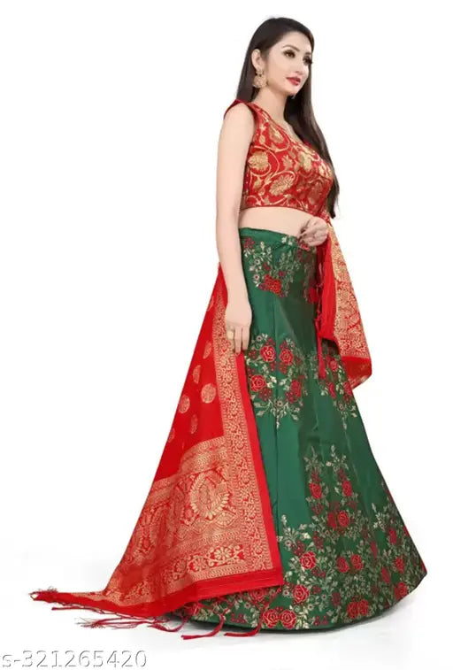 Silk Lehenga Choli with Banarasi Jacquard fabric, floral motifs for festivals and marriages, semi-stitched (size 40), India origin
