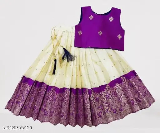 Baby Girls Traditional Art Silk Pattu Pavadai Lehenga Choli, solid design, sleeveless, jacquard silk with cotton inner, ready-to-wear full stitched lehenga, India origin
