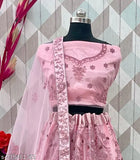 Art Silk pink embroidered net semi-stitched lehenga, unstitched blouse with dupatta by Gopinath Handwork. Free size, 3/4 sleeves, ideal for women's ethnic wear