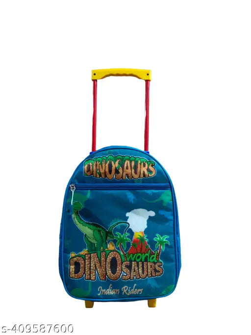 DARK green & light blue Indian Riders DINASOUR kids school travel trolley bags (16 in, 30 L), waterproof polyester. Durable, spacious, and adjustable for toddlers aged 2-12