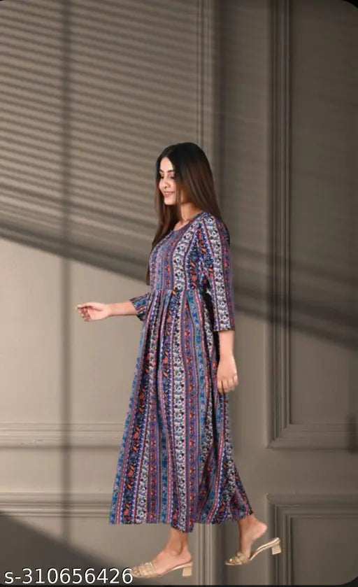 Printed crepe A-line kurti, high-quality Indian made, floral print, three-quarter sleeves, floor-length