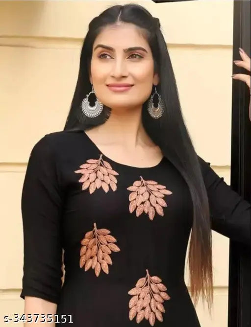 Peach and black embroidered rayon kurta with palazzos, hand-embroidered beauty from Jaipur for women