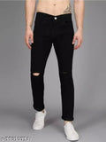 Stylish black denim knee-cut jeans for boys, mid-rise, slim fit, five pockets, machine washable