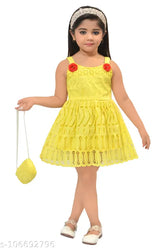Cotton blend knee-length girls frock, self-design net pattern, ideal for parties and outings (5-6 years)