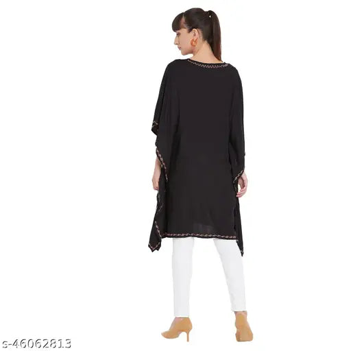 Embroidered black kaftan top, short sleeves rayon, Indian-origin women's fashion