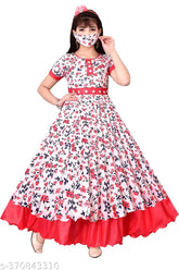 Cotton blend printed net kids frock dress for summer, short sleeves, sizes range from 3-14 years old, Indian origin