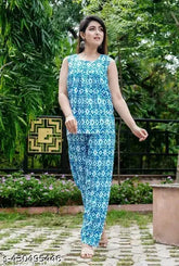 Women's cotton all over flower printed night suit top & pajama sets, sleeveless, floral pattern on white background