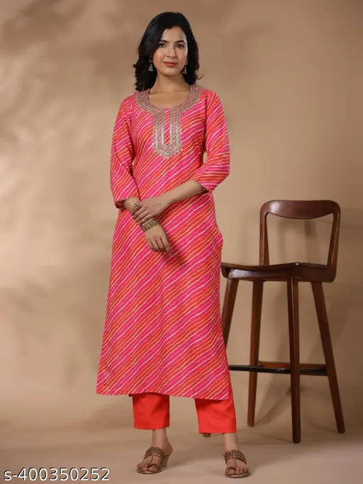 Multi-colored printed cotton kurta set with trouser and dupatta, featuring three-quarter sleeves and palazzo bottoms, available in various sizes (S, M, L, XL, XXL). Indian-origin fashion for women