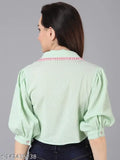 Mint green stretchable Georgette long-sleeved crop top by Jakanary, solid pattern with contrast lace collar