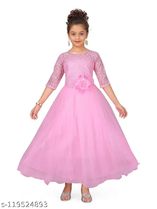 Pink polyester three-quarter sleeve lavender frocks and dresses for girls aged 3-12, self-designed by Aarika, India origin