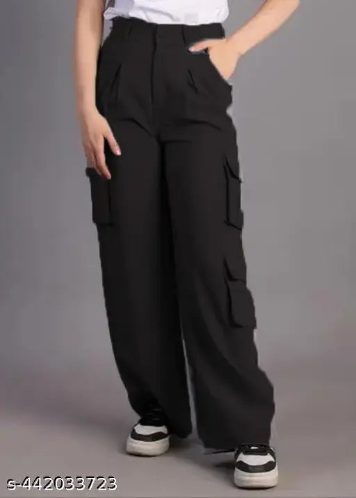 Solid cotton blend 6-pocket cargo trousers for women - trending style, available in sizes S-XXL
