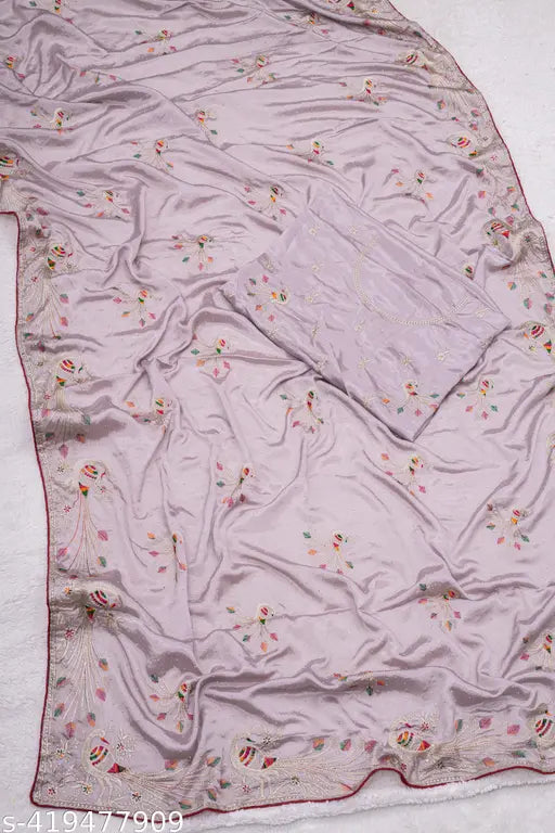 Grey Mor chiffon saree with embroidered pattern, single piece from India