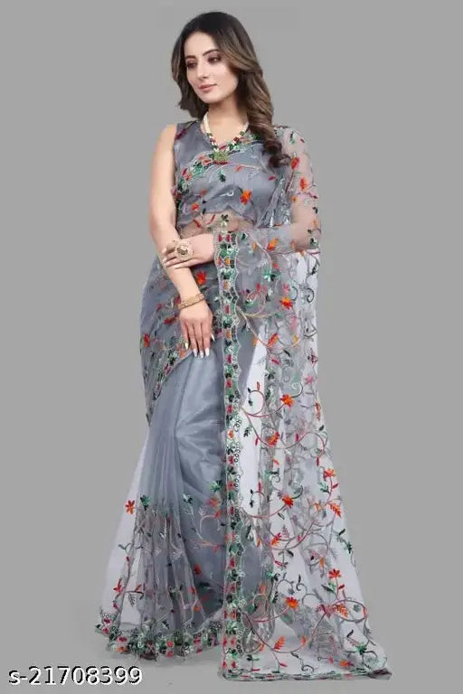Stylish Bollywood net saree, free size, heavy net fabric, embroidered flower work, India origin