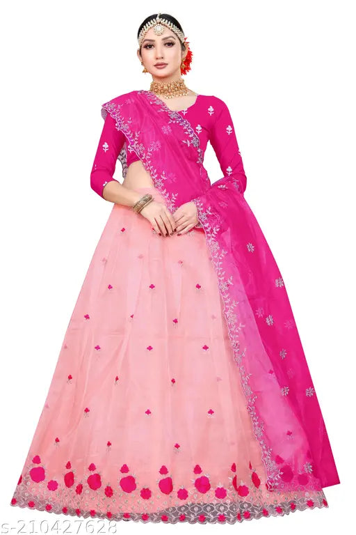 Embroidered dupion silk and net lehenga choli with matching embroidered net dupatta, semi-stitched (waist size 44in, length 42in, dupatta length 2.15in), Indian origin