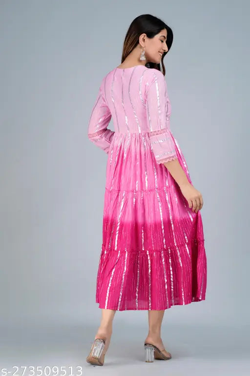 Women's pink cotton lurex dyed ombre Anarkali gown, 3/4 sleeve length, hand-embellished yoke detail on display