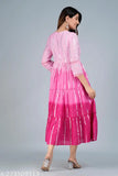 Women's pink cotton lurex dyed ombre Anarkali gown, 3/4 sleeve length, hand-embellished yoke detail on display