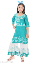 Printed rayon A-line kurti sharara set for girls, India origin