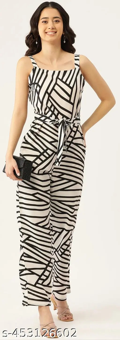 Printed basic jumpsuit, white and black with waist tie-ups, polyester crepe material, sleeveless, 2 pockets, size XS-4XL