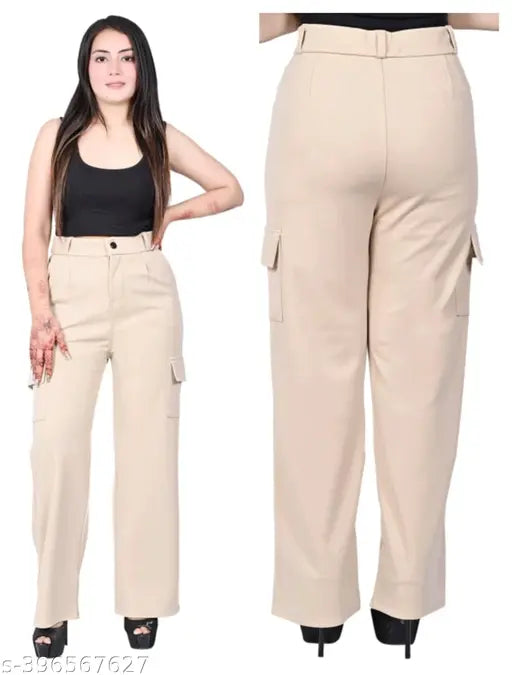 Stylish women's premium cotton wide-leg cargo pant, cream color, self-design pattern