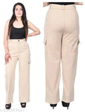 Stylish women's premium cotton wide-leg cargo pant, cream color, self-design pattern