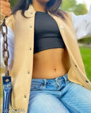 Hustle Bustle Premium Beige Colorblocked Cotton Blend Varsity Jacket for Girls & Women - Casual, cozy, breathable, perfect for everyday wear