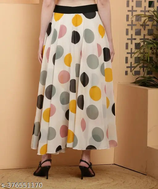 White Georgette long skirt with belt, printed big dot pattern for women's fashion, size 30 (waist 30in, length 40in)