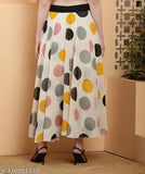 White Georgette long skirt with belt, printed big dot pattern for women's fashion, size 30 (waist 30in, length 40in)