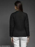 Solid polyester casual jacket for women in Retrobella style, long sleeves and solid pattern. Jacket size: S (Bust 34in, Length 22in), M (Bust 36in, Length 22in), L (Bust 38in, Length 23in), XL (Bust 40in, Length 23in). Made in India