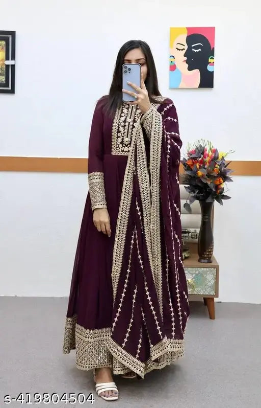 Naksh Fashion Wine Georgette Embroidered Anarkali Gown & Dupatta Set in various sizes (S-XXL), Indian traditional outfit with long sleeves and sequin embroidery