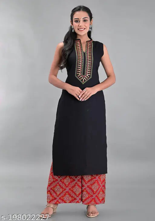 Sleeveless Rayon Embroidered Kurta Palazzo set, Indian ethnic fashion for women