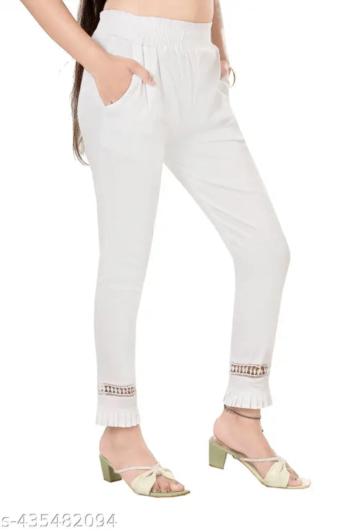 Solid cotton blend pencil trousers, trendy pack of 2 in sizes L, XL with lace panel and elastic waistband. Semi-formal casual wear, ankle length