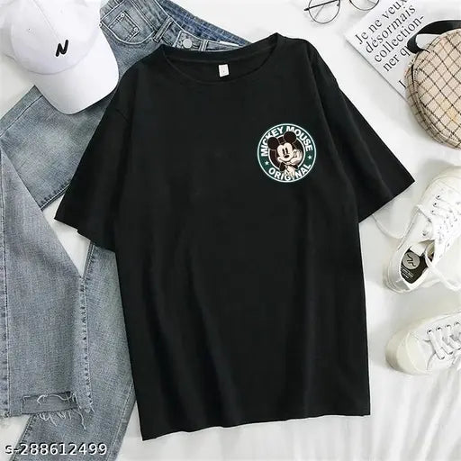 Black cotton oversized Mickey Mouse back print T-shirt (Boys/Men), India origin, relaxed fit for casual wear