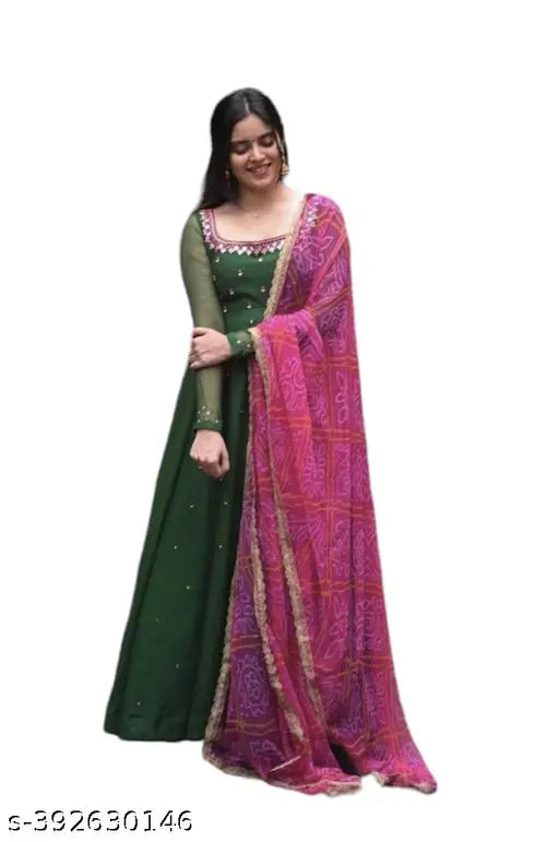 Pretty graceful women's georgette kurti with mirror work, three-quarter sleeves and digital print dupatta