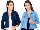 Solid dark & light blue denim women's jacket, three-quarter sleeves - India