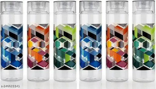 Multicolor printed water bottles (1000ml, PET plastic), ideal for fridge, school, office, or home use - pack of 6