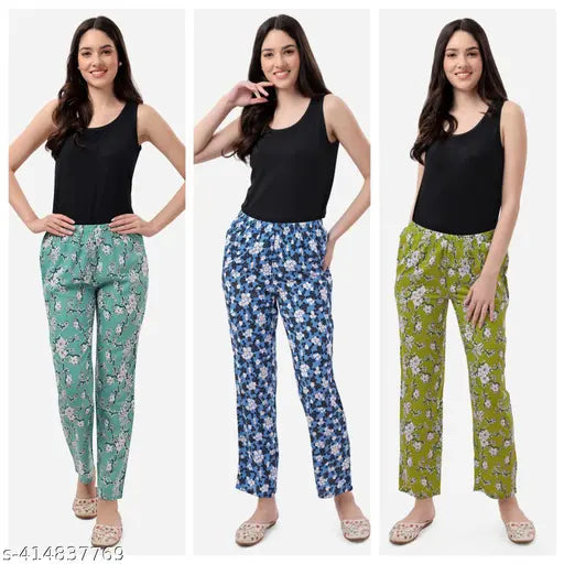 Rayon printed maxi pyjama set for women, three pack in vibrant colors, featuring elastic waistband and functional pockets