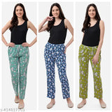 Rayon printed maxi pyjama set for women, three pack in vibrant colors, featuring elastic waistband and functional pockets