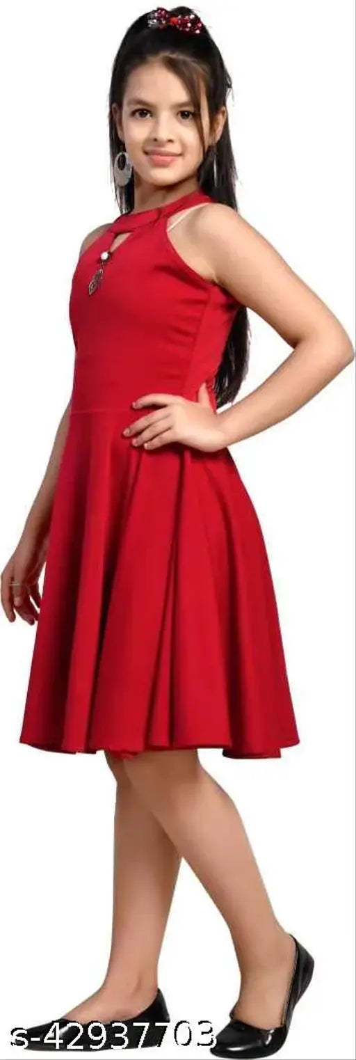 Cotton blend knee length red fit & flare dress pack for girls aged 5-13 years, India origin