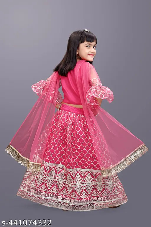 Deep Pink Embroidered Lehenga Choli Set for Girls, super net fabric, A-line top and dhoti pants, sizes 12-8 years