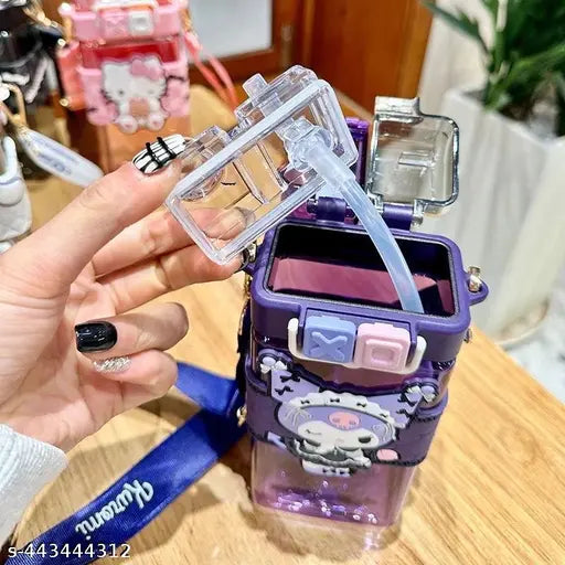 Blue, durable plastic Mickey Square water bottle with dual mouth, hanging handle, and strap (520ml) for kids