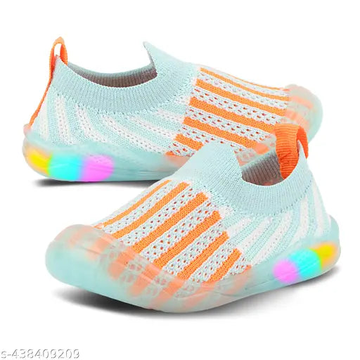 Knitted first walking shoes with light LED for kids, multicolor PVC sole and upper made of high-quality resin leather. Comfortable slip-on design suitable for various shirts and occasions