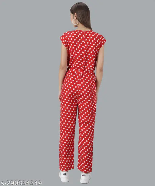 Red polka printed crepe jumpsuit on mannequin, Vivient Women's short-sleeved ensemble" (125 characters)