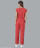 Red polka printed crepe jumpsuit on mannequin, Vivient Women's short-sleeved ensemble" (125 characters)