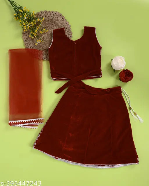 Stylish velvet and net lehenga choli set for baby girls, self-designed abstract pattern, sleeveless top, multiple sizes available, traditional Indian lehenga