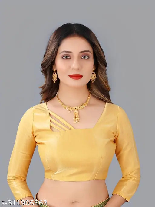 Golden Georgette Mirror Embroidery Saree with Separate Satin Silk Blouse - Indian hand-embroidered bridal wear
