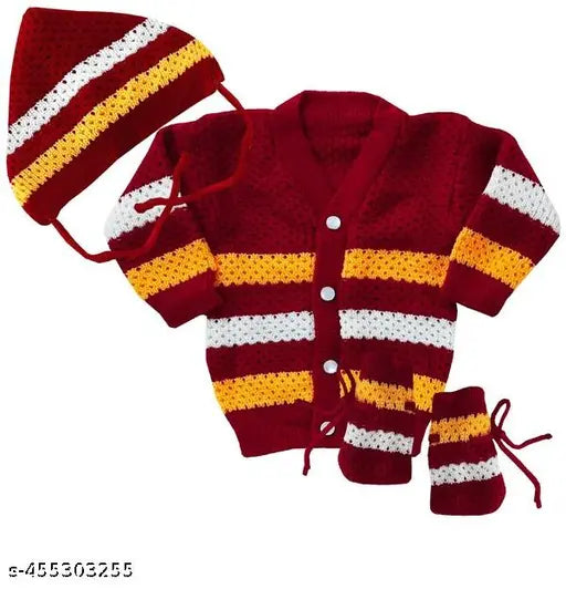 Woolen unisex winter wear: Colorblocked baby sweater cap booties set in wool for 12-18 & 18-24 months, Indian origin