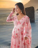 Premium export quality light pink and green georgette gown with lace print, perfect for special occasions and parties